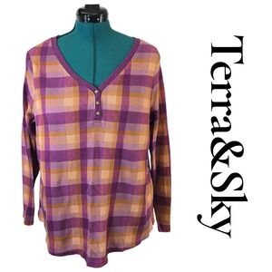 Terra & Sky Plus Size 1X Purple Orange Plaid Waffle Knit Henley Top